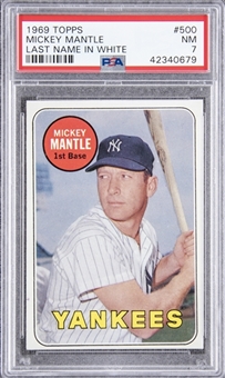 1969 Topps #500 Mickey Mantle, Scarce "White Letters" Variation – PSA NM 7
